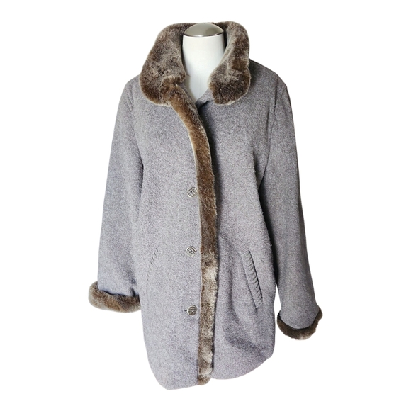 J. Jill Wool Blend Coat with Faux Fur Trim Gray Brown Size Large - Picture 2 of 10